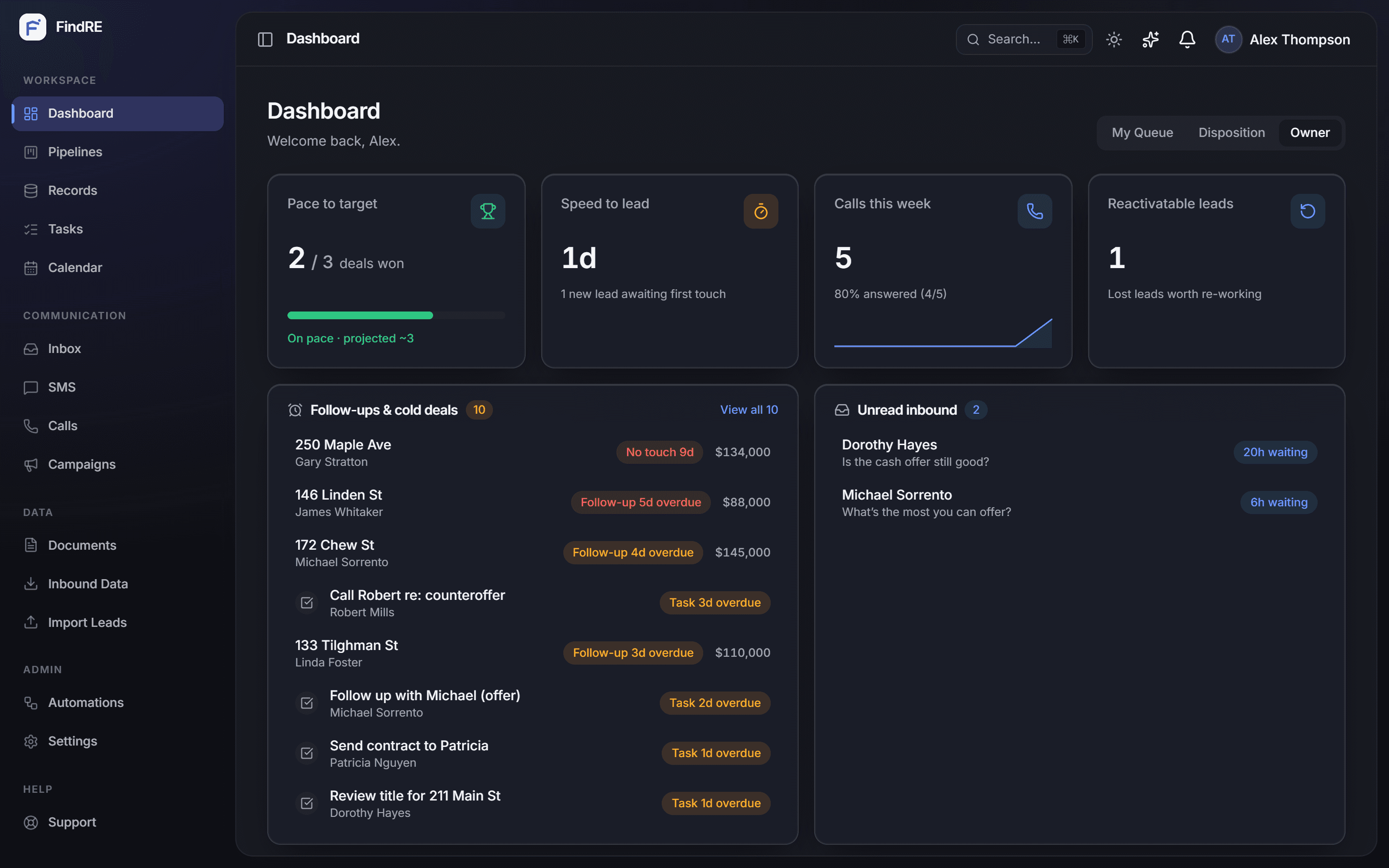 Find dashboard with KPIs and the follow-up queue