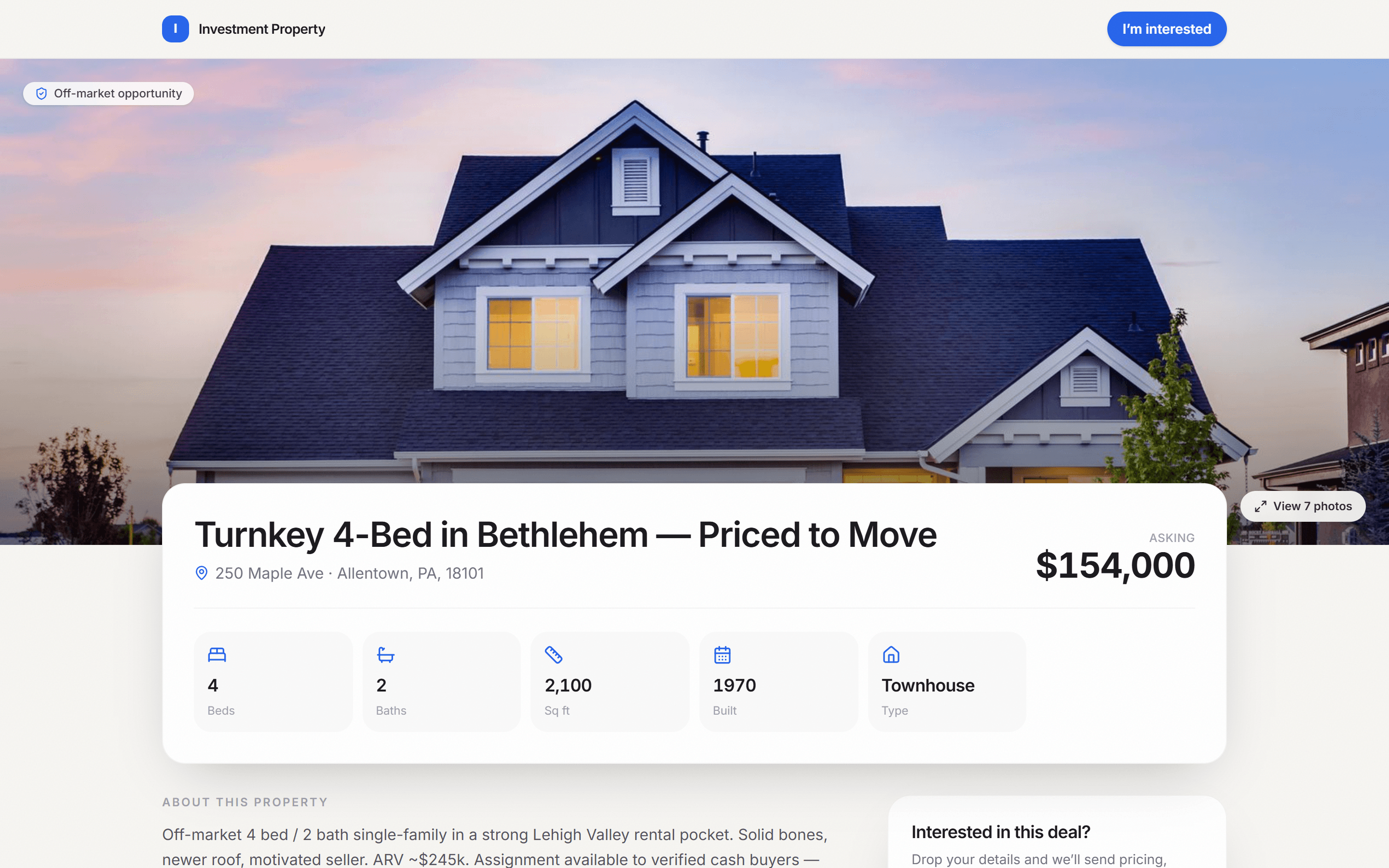 Public disposition page with property photos and price