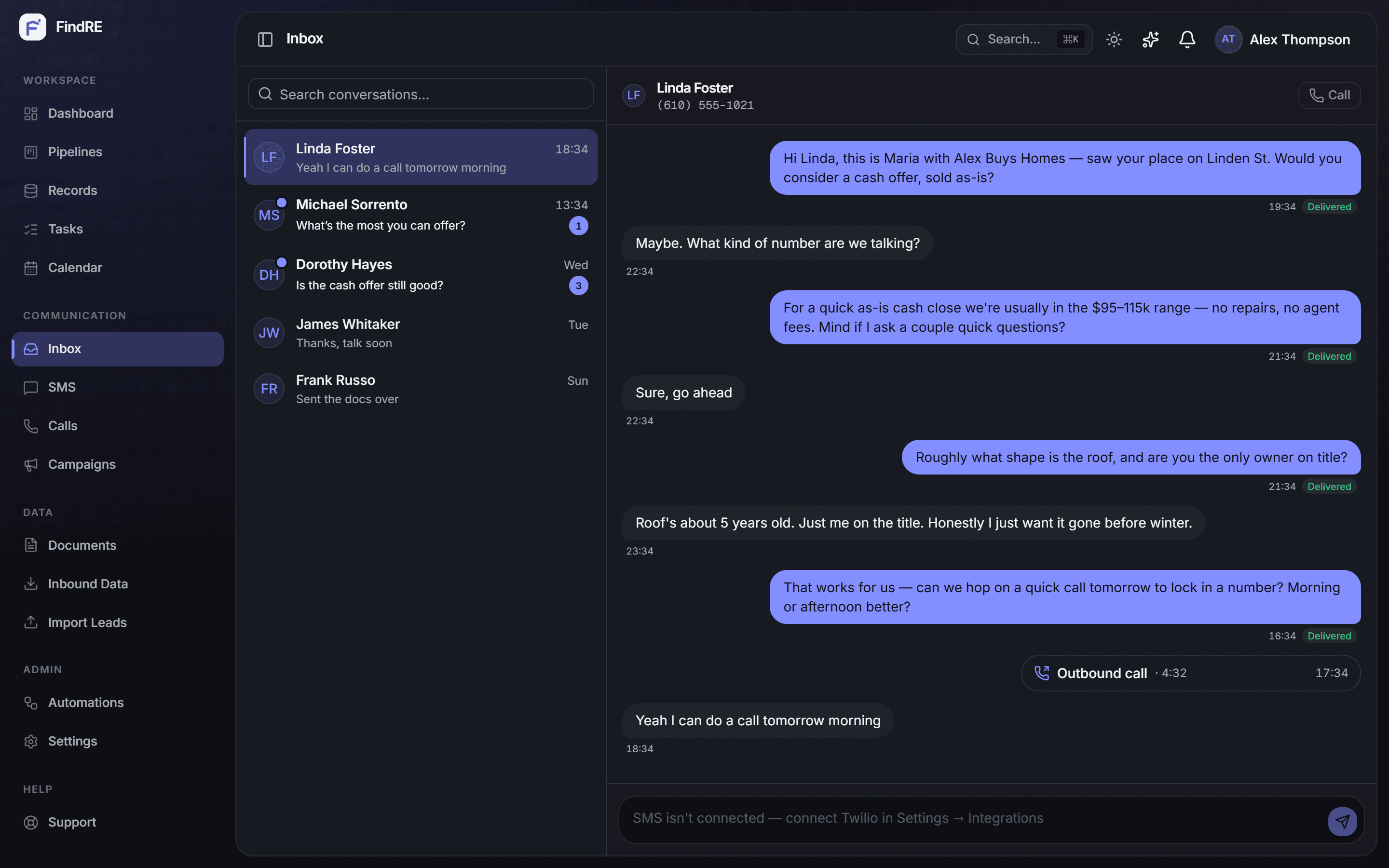 Unified inbox, SMS thread with a logged call