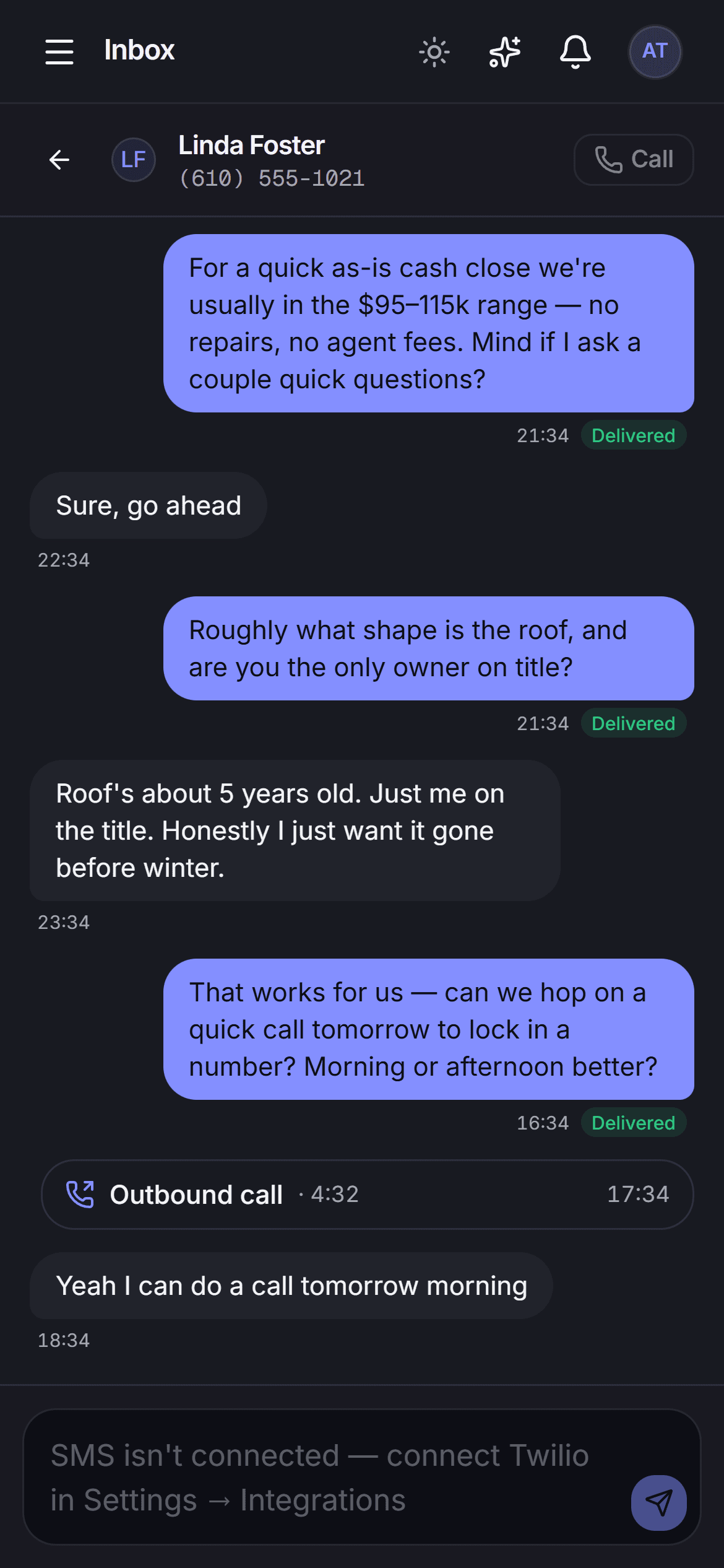 Find unified inbox on mobile, SMS and calls in one thread