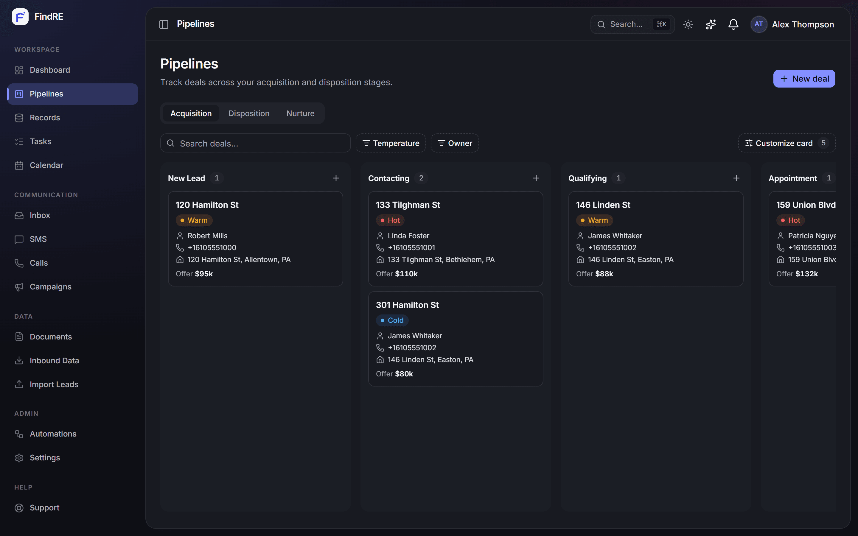 Find acquisition pipeline, deals across stages with temperature, offer and ARV